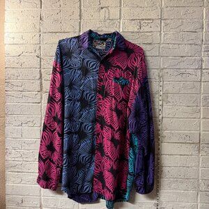 🌺 Vintage Climate Button-Up Shirt – Bold Colorblock Tropical Print – Size L 🌺